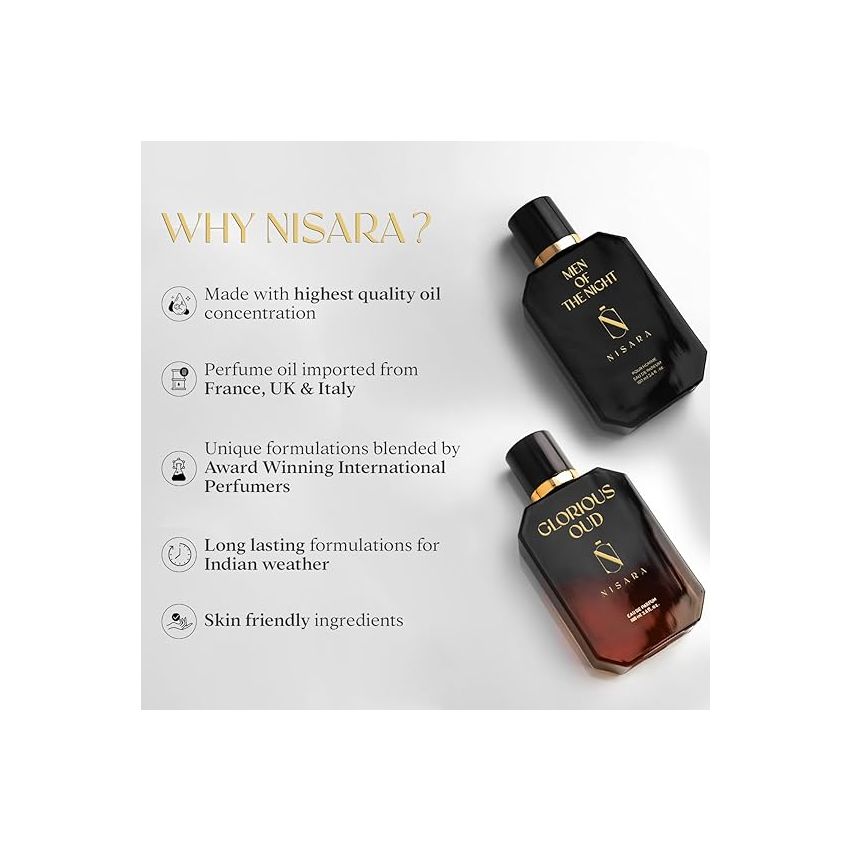 Nisara Men Of The Night & Glorious Oud Eau De Parfum 100ml X 2 | Perfume Combo For Men & Women | Musky-Woody-Amber Fragrance