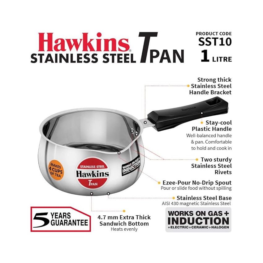 Hawkins 1 Litre Tpan, Stainless Steel Tea Pan, Induction Sauce Pan, Chai Pan, Small Pan, Silver (SST10)
