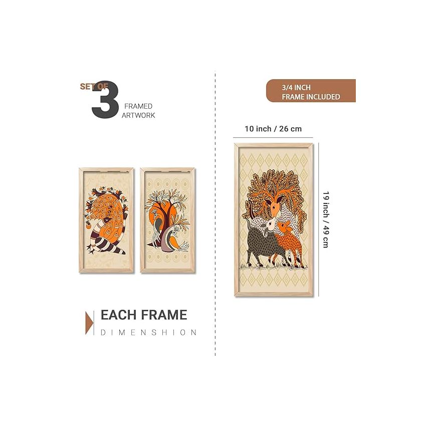 kotart - Traditional Indian Art Pichwai Wall Hanging Paintings | Painting for wall Decoration | Madhubani Art Painting with Frame for Living Room set of 3 (10X19 INCH, G)