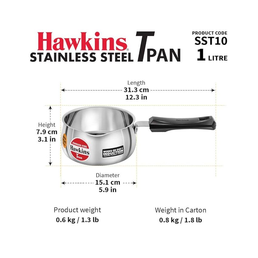 Hawkins 1 Litre Tpan, Stainless Steel Tea Pan, Induction Sauce Pan, Chai Pan, Small Pan, Silver (SST10)