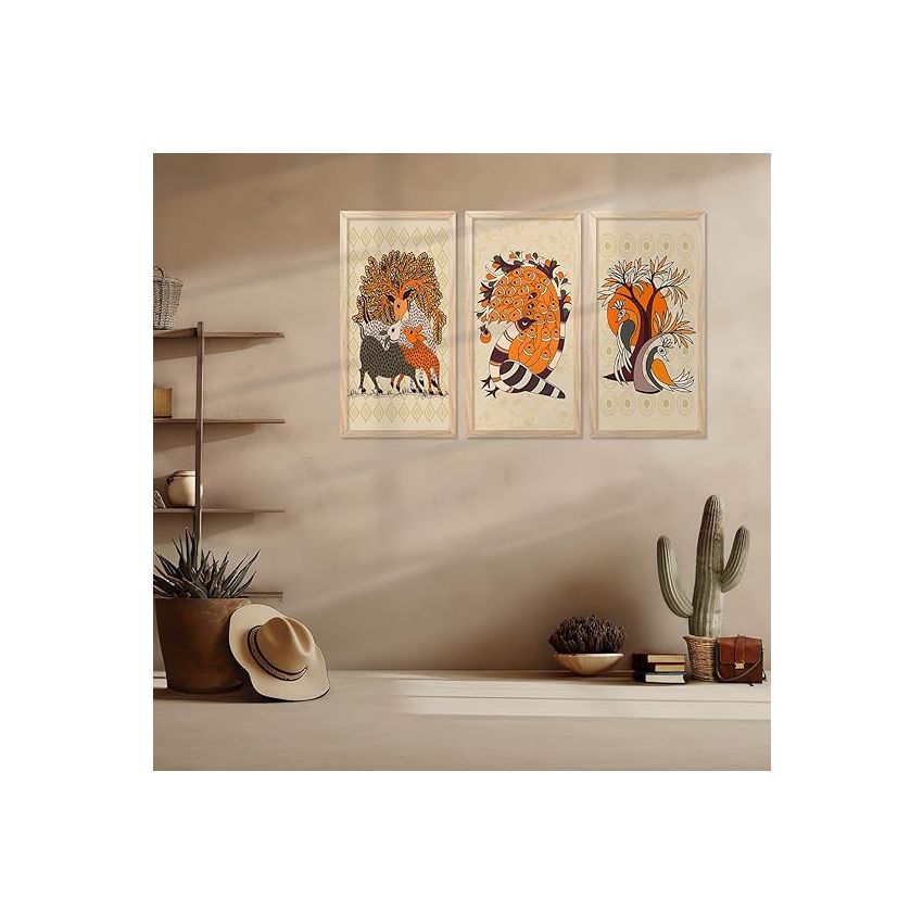 kotart - Traditional Indian Art Pichwai Wall Hanging Paintings | Painting for wall Decoration | Madhubani Art Painting with Frame for Living Room set of 3 (10X19 INCH, G)