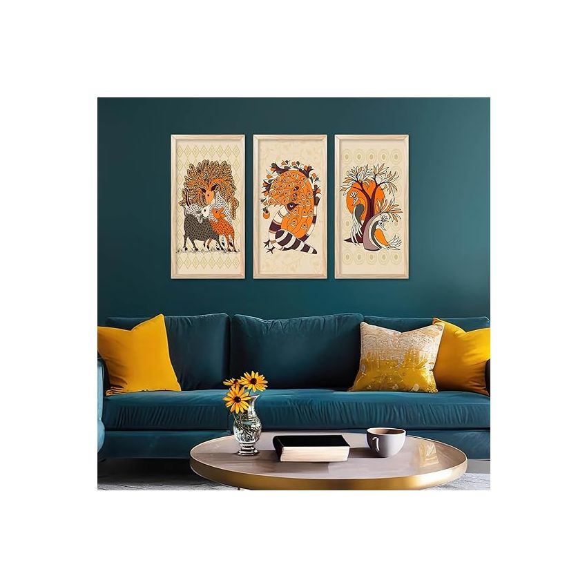 kotart - Traditional Indian Art Pichwai Wall Hanging Paintings | Painting for wall Decoration | Madhubani Art Painting with Frame for Living Room set of 3 (10X19 INCH, G)