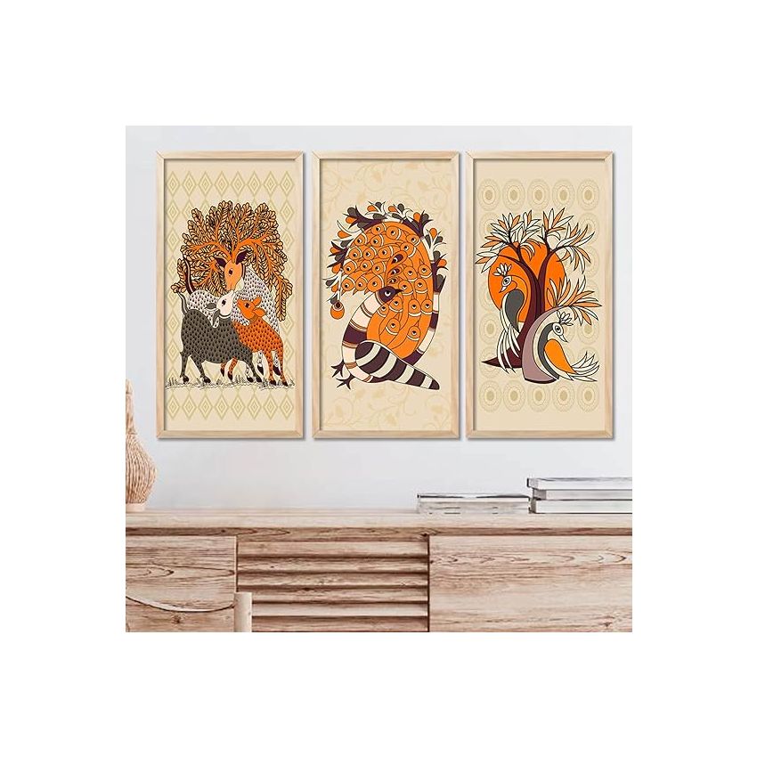 kotart - Traditional Indian Art Pichwai Wall Hanging Paintings | Painting for wall Decoration | Madhubani Art Painting with Frame for Living Room set of 3 (10X19 INCH, G)