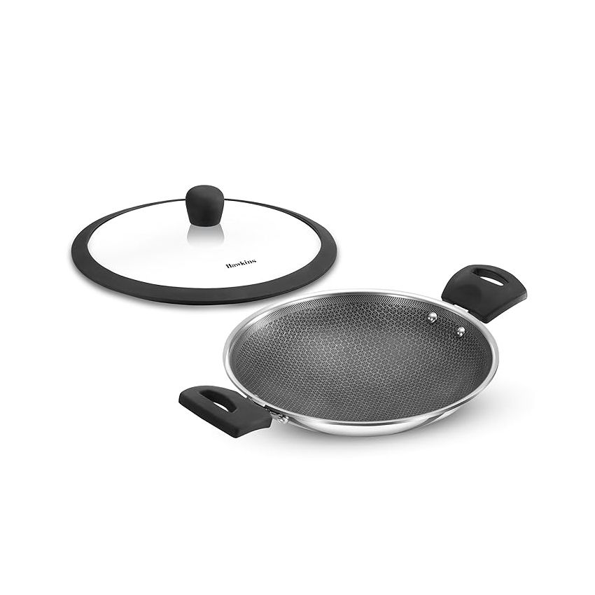Hawkins 1.25L Breakfast Pan, Nonstick Triply Stainless Steel Appachatty with Glass Lid, Chetty Pan, Appam Patra, Honeycomb Round Bottom Small Kadai, Siler (NSA125G)