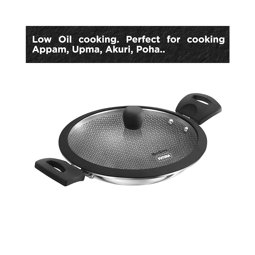 Hawkins 1.25L Breakfast Pan, Nonstick Triply Stainless Steel Appachatty with Glass Lid, Chetty Pan, Appam Patra, Honeycomb Round Bottom Small Kadai, Siler (NSA125G)