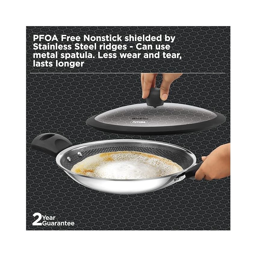 Hawkins 1.25L Breakfast Pan, Nonstick Triply Stainless Steel Appachatty with Glass Lid, Chetty Pan, Appam Patra, Honeycomb Round Bottom Small Kadai, Siler (NSA125G)
