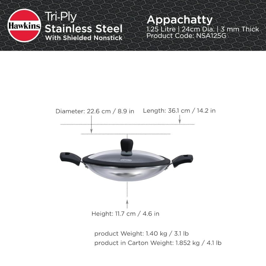 Hawkins 1.25L Breakfast Pan, Nonstick Triply Stainless Steel Appachatty with Glass Lid, Chetty Pan, Appam Patra, Honeycomb Round Bottom Small Kadai, Siler (NSA125G)