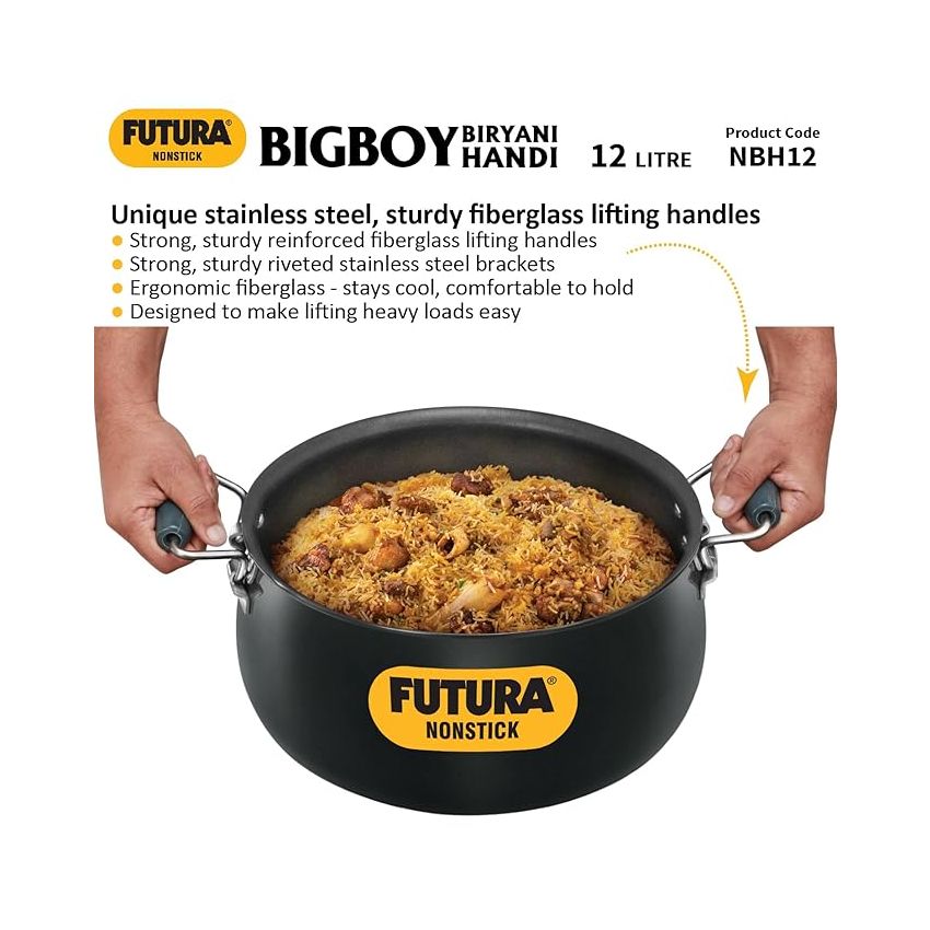 Hawkins Futura 12 Litre BigBoy Biryani Handi, Non Stick Pot with Hard Anodised Lid, Sauce Pan for Cooking and Serving Biriyani, Black (NBH12) Aluminium