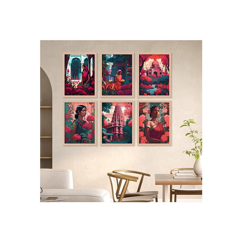 kotart Premium Digital Traditional Art Paintings with Frame for Home Decoration - Painting for Living Room Bedroom Office Room Decor - Painting for Wall Decoration - Pack of 6 (Combo12)