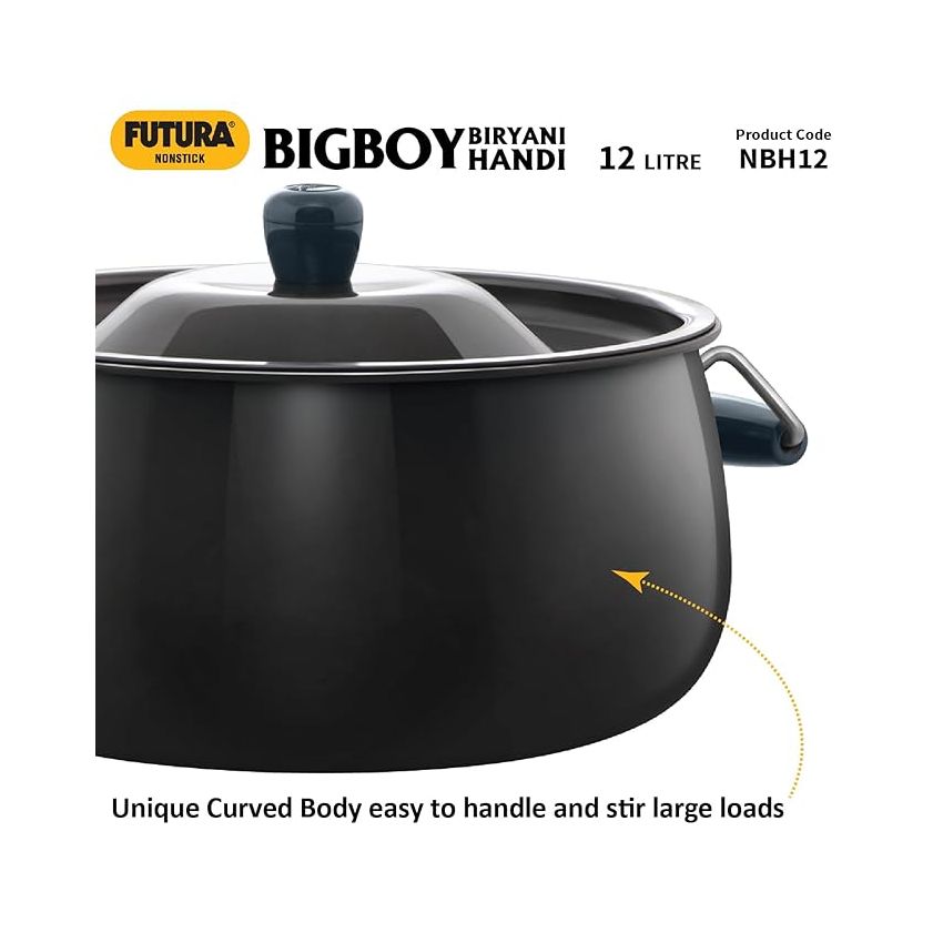 Hawkins Futura 12 Litre BigBoy Biryani Handi, Non Stick Pot with Hard Anodised Lid, Sauce Pan for Cooking and Serving Biriyani, Black (NBH12) Aluminium