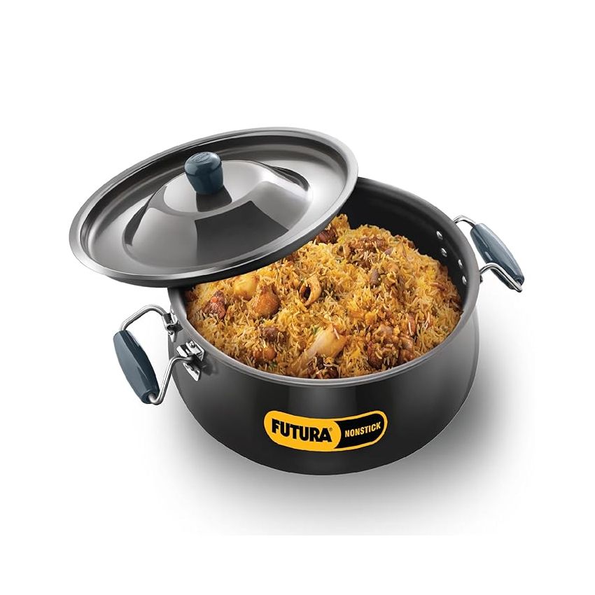 Hawkins Futura 12 Litre BigBoy Biryani Handi, Non Stick Pot with Hard Anodised Lid, Sauce Pan for Cooking and Serving Biriyani, Black (NBH12) Aluminium