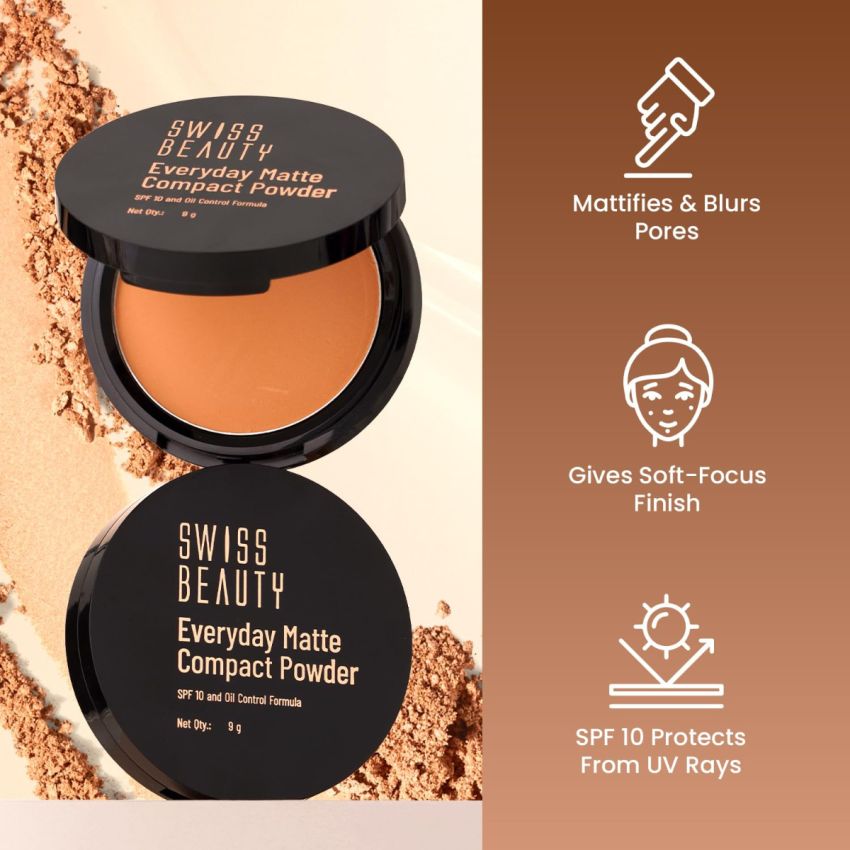 SWISS BEAUTY Everyday Matte Lightweight Compact With Spf 10 For All Skin Types| 12 Hours Of Oil Control | Mattifies Pores And Fine Lines | Comes With Sponge Applicator | Shade- Ivory, 9 Gram,Beige