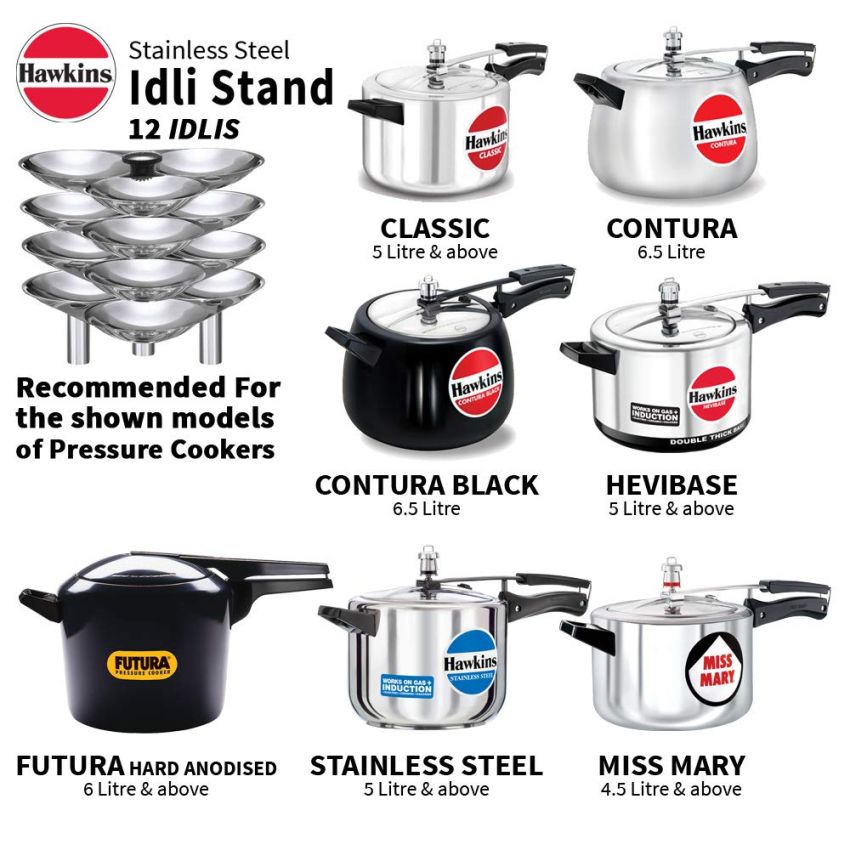 Hawkins Stainless Steel 5Ltr Pressure Cooker, Cooker, Induction Cooker (Hss50) - Inner Lid Idli Stand - 12 Mini Idlis, (For 3Ltr), Idli Stand - 12 Idlis, (For 5Ltr), 5 Liter