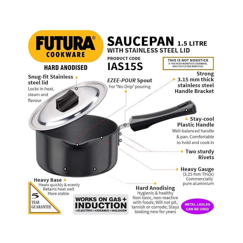 Hawkins Futura 1.5 Litre Saucepan, Hard Anodised Sauce Pan with Stainless Steel Lid, Induction Saucepan, Small Sauce Pan, Black (IAS15S)