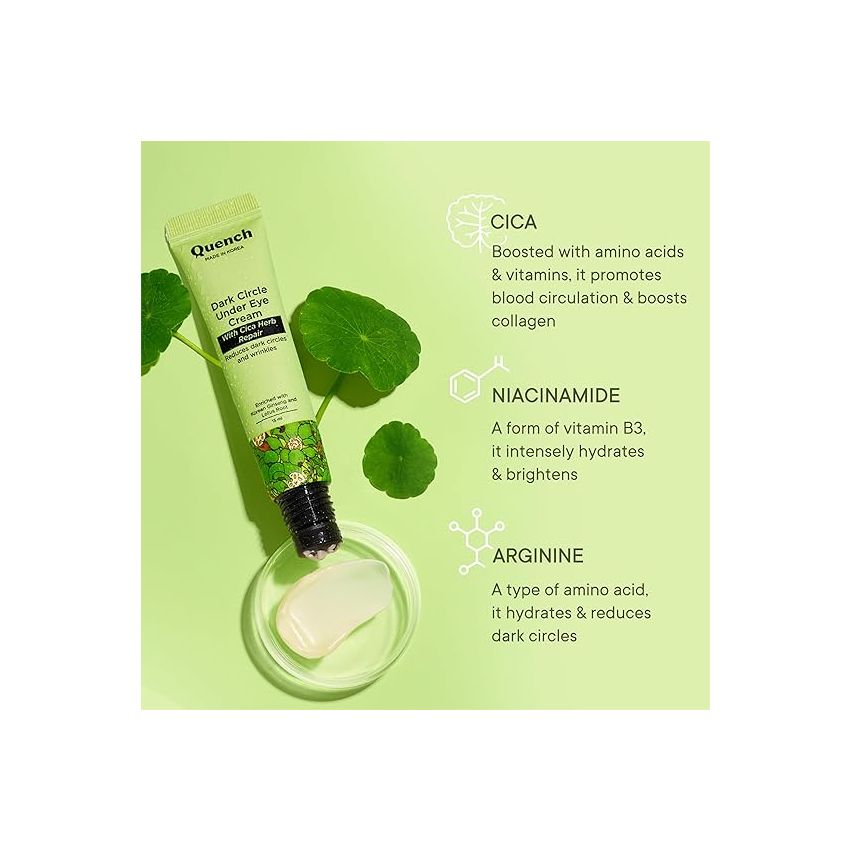 Quench Korean Dark Circle Under Eye Cream with Cooling Massage Roller | Enriched with Cica Herb Repair & Korean Ginseng | Reduces Puffiness & Fine Lines | Brightens Under Eye | Made in Korea (15ml)