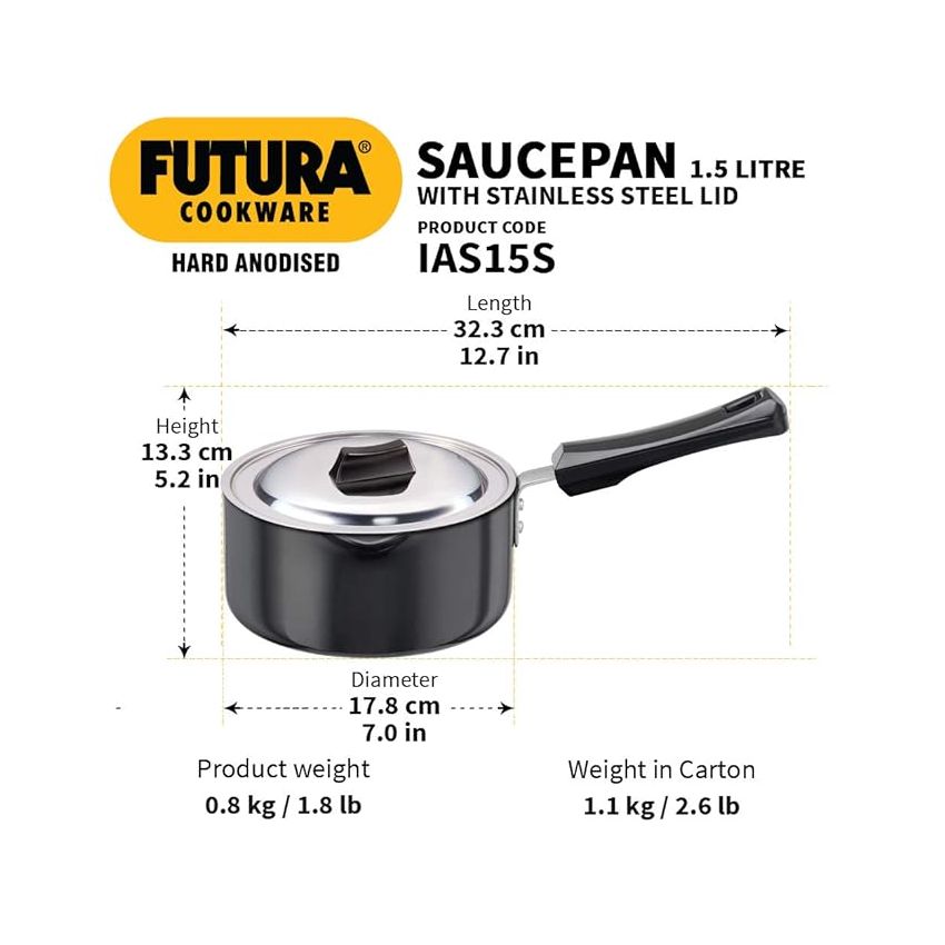 Hawkins Futura 1.5 Litre Saucepan, Hard Anodised Sauce Pan with Stainless Steel Lid, Induction Saucepan, Small Sauce Pan, Black (IAS15S)