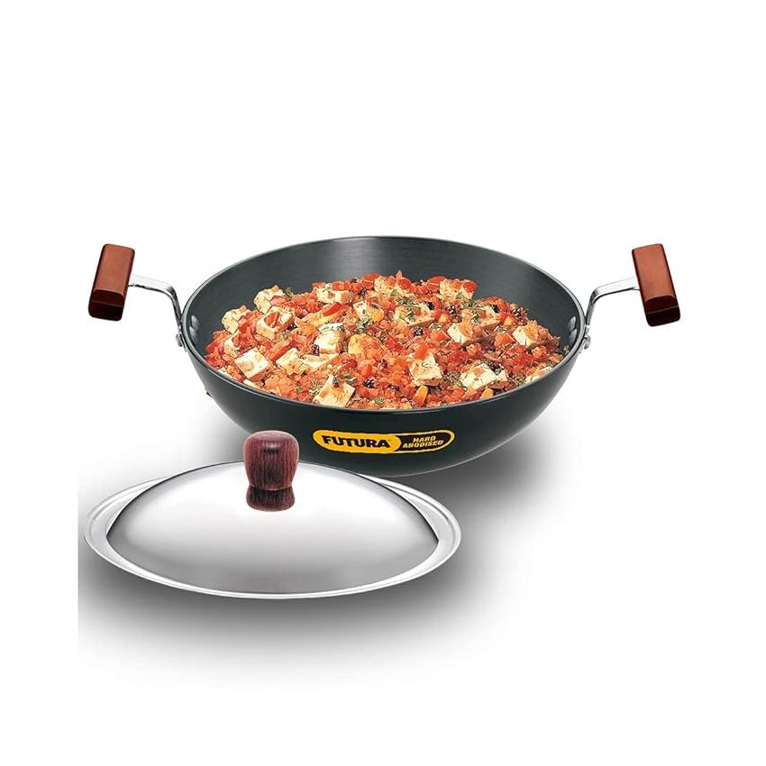 Hawkins Futura 1.5 Litre Deep Fry Pan, Hard Anodised Kadai with Stainless Steel Lid, Round Bottom Kadhai, Small Kadai, Black (AK15S)