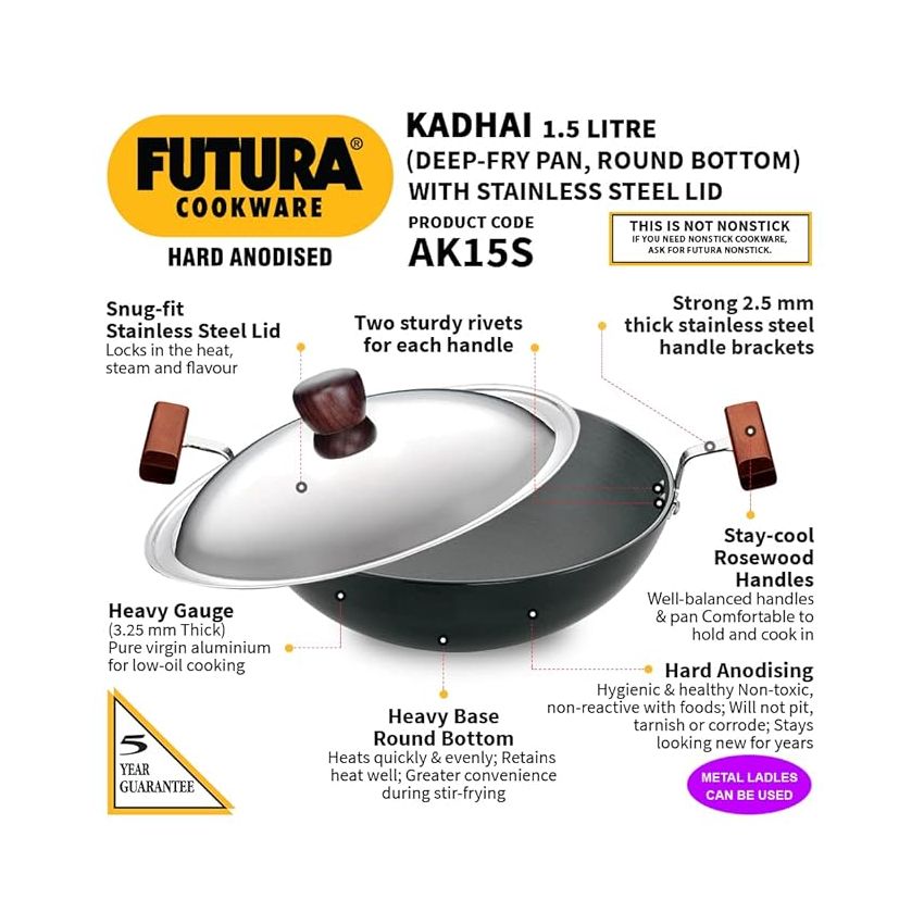 Hawkins Futura 1.5 Litre Deep Fry Pan, Non Stick Kadai with Stainless Steel Lid, Round Bottom Kadhai, Small Non Stick Kadai, Black (NK15S)