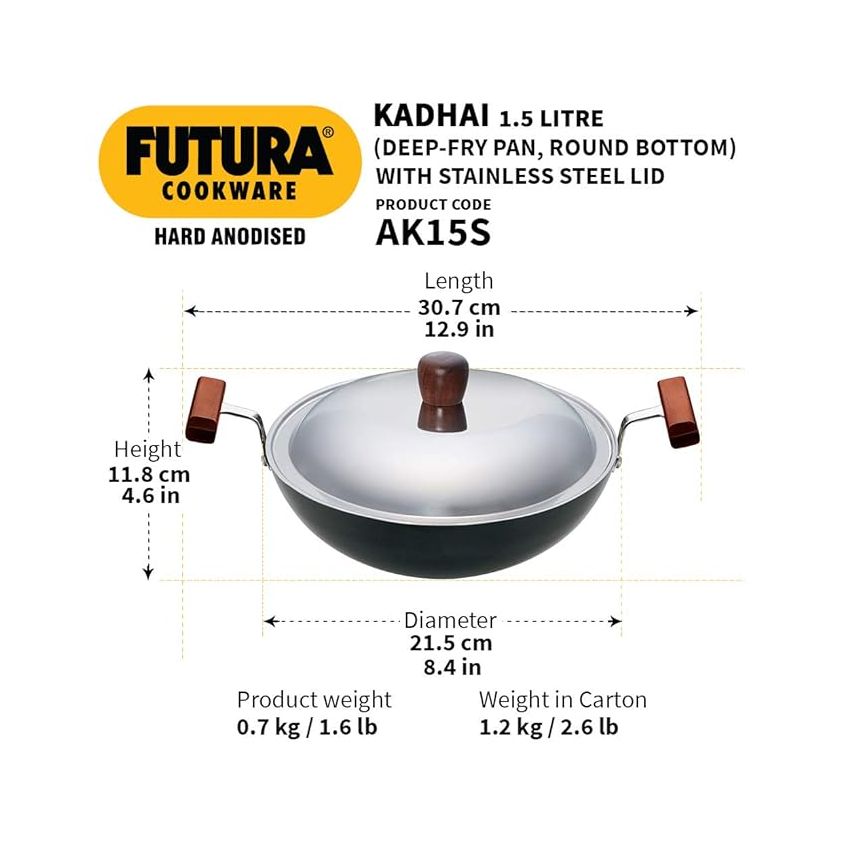 Hawkins Futura 1.5 Litre Deep Fry Pan, Non Stick Kadai with Stainless Steel Lid, Round Bottom Kadhai, Small Non Stick Kadai, Black (NK15S)