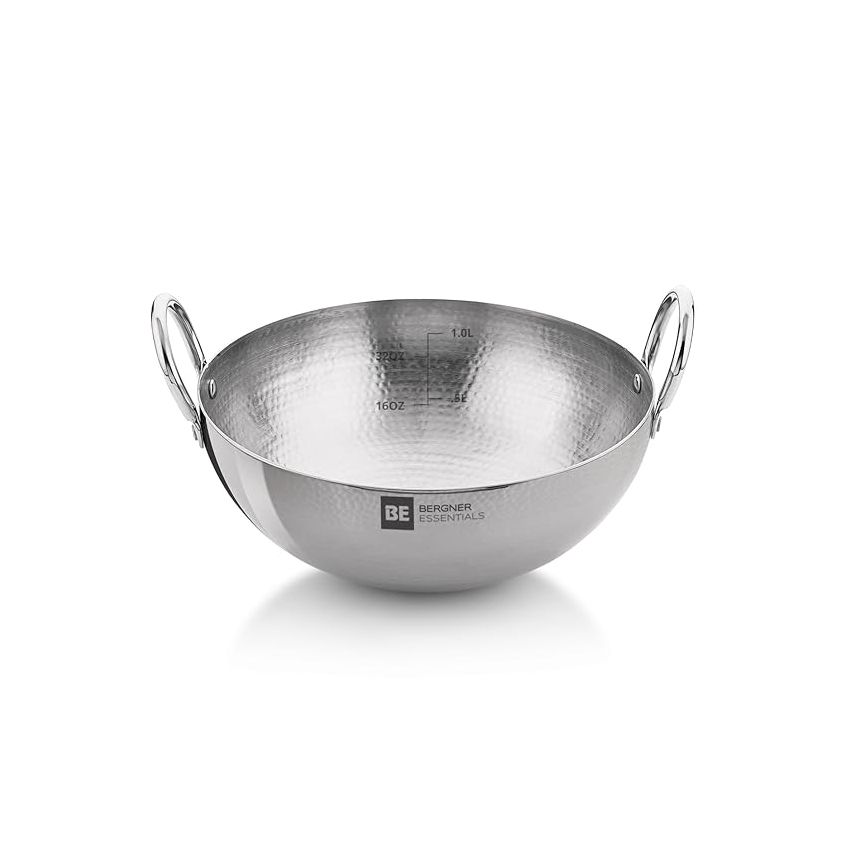 BERGNER BE Essentials 16 cm Hammered Kadai, 990ml Kadhai Without Lid, Thickness 2.2 mm, Food Safe, Sturdy and Durable, Gas Stove Ready, Dishwasher Safe, 5-Year Warranty by Bergner, Silver