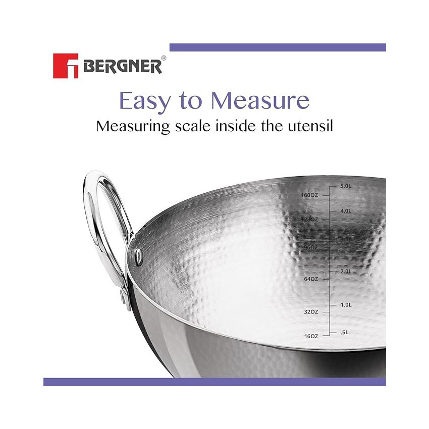 BERGNER BE Essentials 16 cm Hammered Kadai, 990ml Kadhai Without Lid, Thickness 2.2 mm, Food Safe, Sturdy and Durable, Gas Stove Ready, Dishwasher Safe, 5-Year Warranty by Bergner, Silver