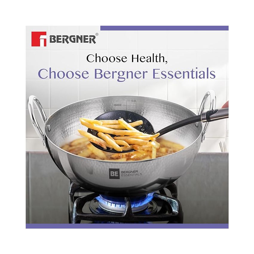 BERGNER BE Essentials 16 cm Hammered Kadai, 990ml Kadhai Without Lid, Thickness 2.2 mm, Food Safe, Sturdy and Durable, Gas Stove Ready, Dishwasher Safe, 5-Year Warranty by Bergner, Silver