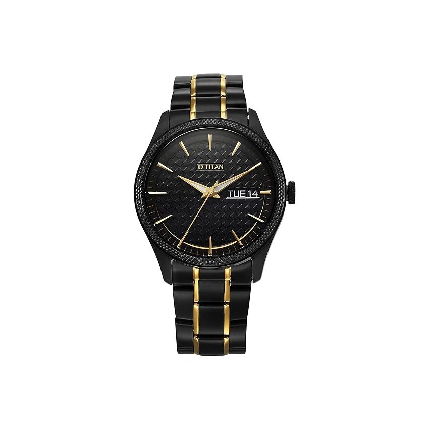 Titan Regalia Opulent Quartz Analog with Day and Date Black Dial Two Toned Stainless Steel Strap Watch for Men-1805KM10