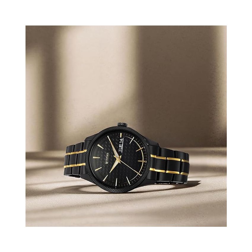 Titan Regalia Opulent Quartz Analog with Day and Date Black Dial Two Toned Stainless Steel Strap Watch for Men-1805KM10