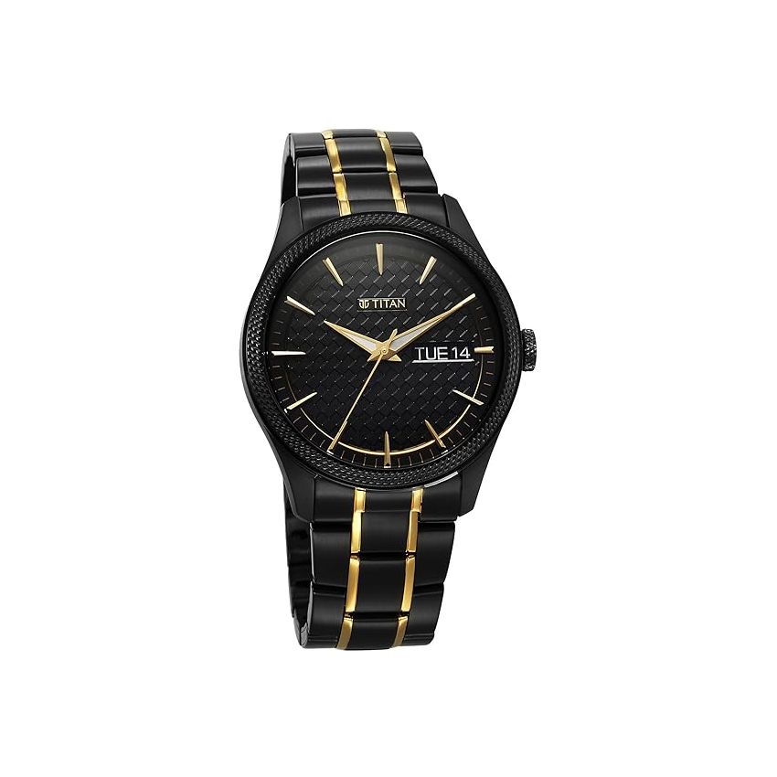 Titan Regalia Opulent Quartz Analog with Day and Date Black Dial Two Toned Stainless Steel Strap Watch for Men-1805KM10