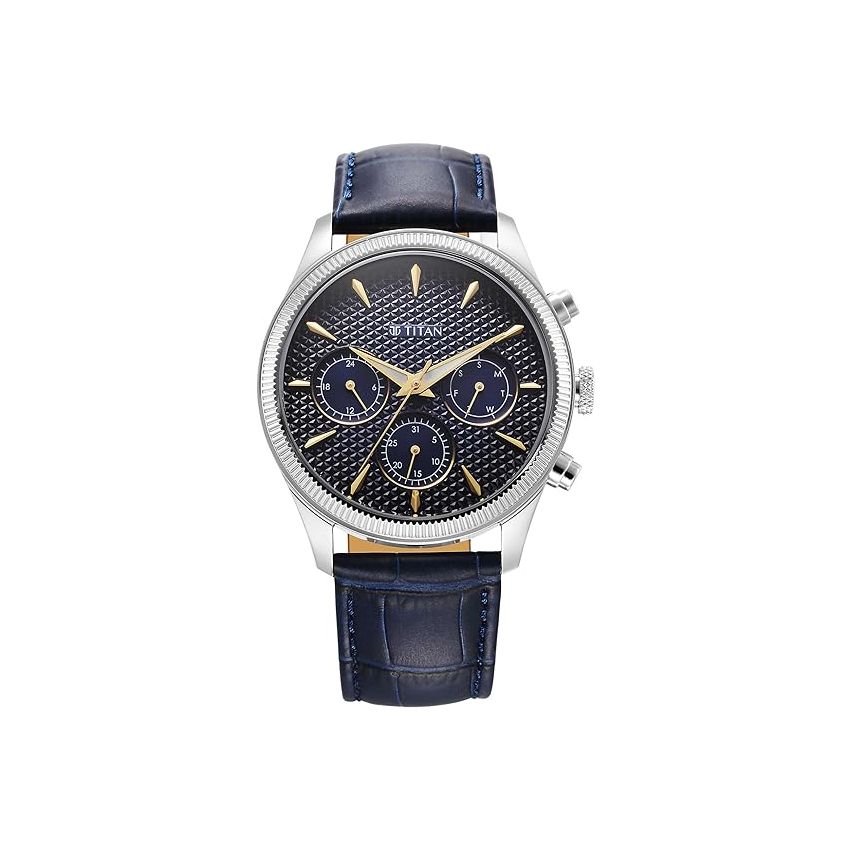 Titan Regalia Opulent Quartz Analog with Day and Date Blue Dial Blue Leather Strap Watch for Men-1805SL13