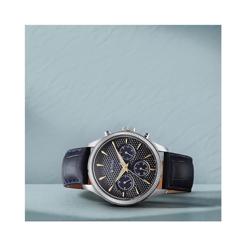 Titan Regalia Opulent Quartz Analog with Day and Date Blue Dial Blue Leather Strap Watch for Men-1805SL13