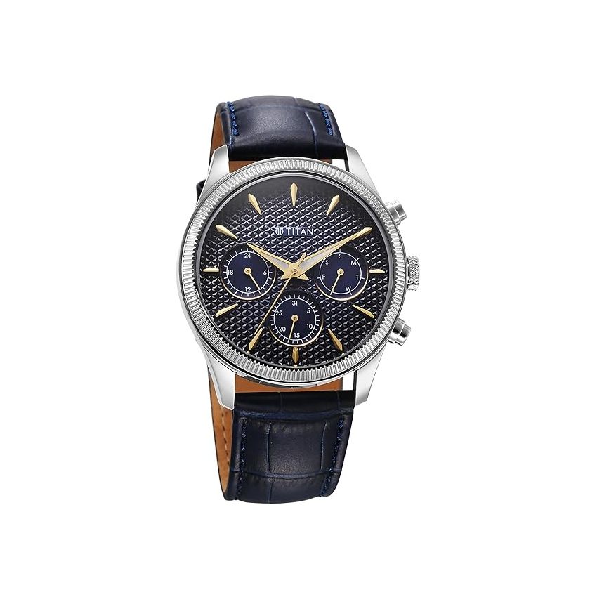 Titan Regalia Opulent Quartz Analog with Day and Date Blue Dial Blue Leather Strap Watch for Men-1805SL13