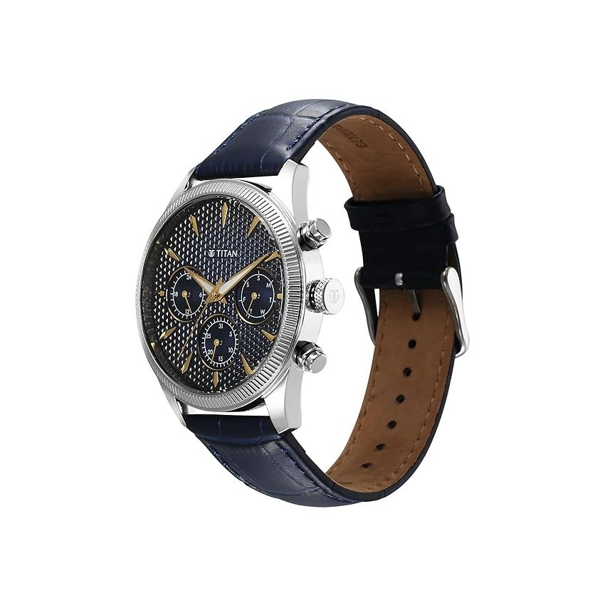 Titan Regalia Opulent Quartz Analog with Day and Date Blue Dial Blue Leather Strap Watch for Men-1805SL13