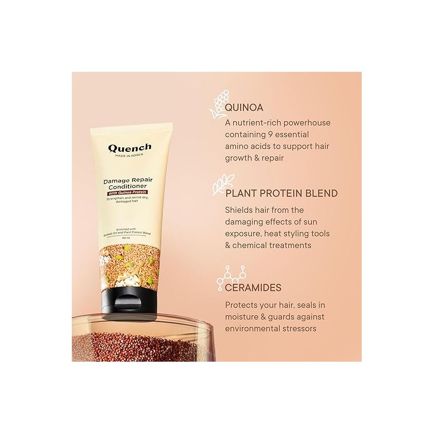Quench Damage Repair Conditioner with Quinoa Protein & Ceramides for Dry & Damaged Hair | Deeply Conditions & Makes Hair Silky, Smooth | Prevents Split Ends | Made in Korea (180ml)
