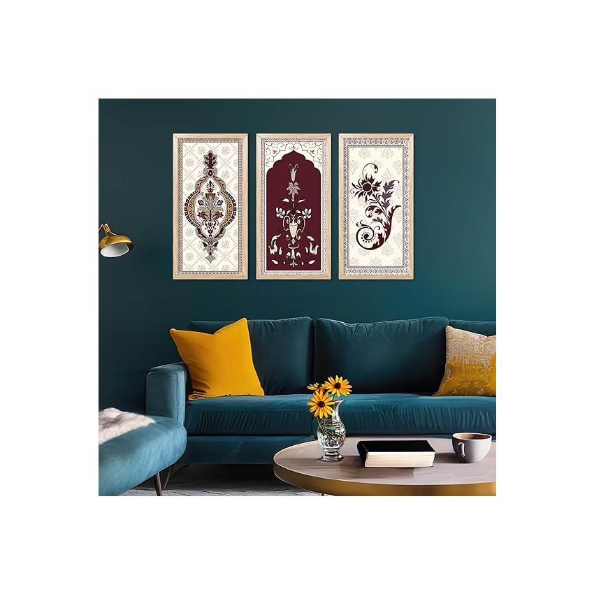 kotart - Traditional Indian Art Pichwai Wall Décor Paintings | Painting for wall Decoration | Madhubani Art Painting with Frame for Living Room set of 3 (10X19 INCH, F)