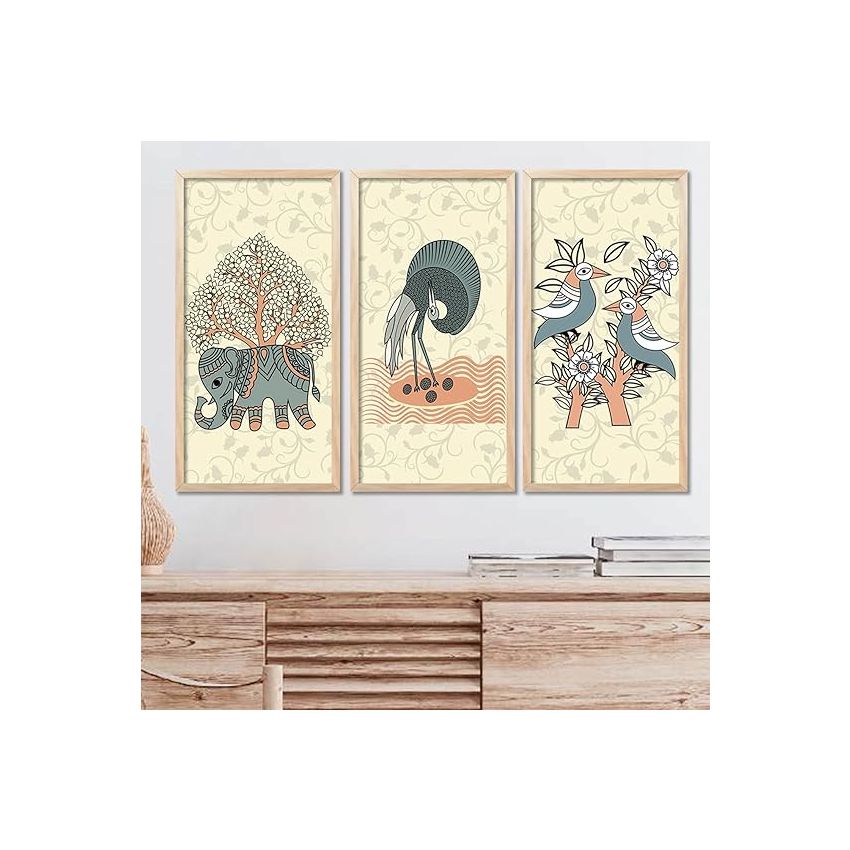 kotart - Traditional Indian Art Pichwai Wall Décor Paintings | Painting for wall Decoration | Madhubani Art Painting with Frame for Living Room set of 3 (10X19 INCH, I)