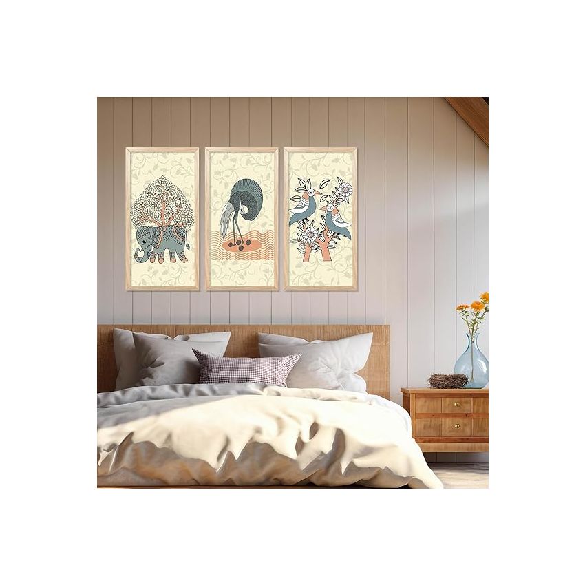 kotart - Traditional Indian Art Pichwai Wall Décor Paintings | Painting for wall Decoration | Madhubani Art Painting with Frame for Living Room set of 3 (10X19 INCH, I)