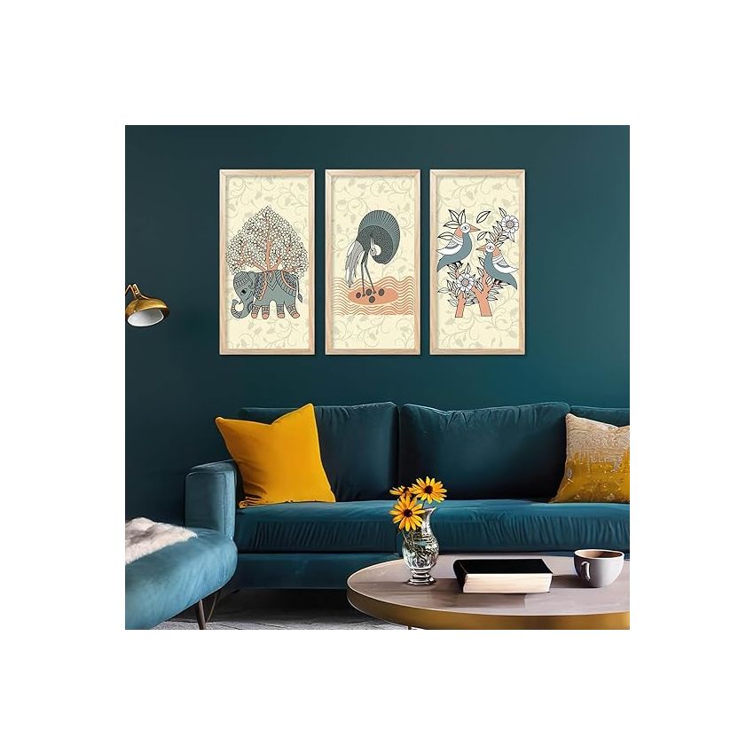 kotart - Traditional Indian Art Pichwai Wall Décor Paintings | Painting for wall Decoration | Madhubani Art Painting with Frame for Living Room set of 3 (10X19 INCH, I)