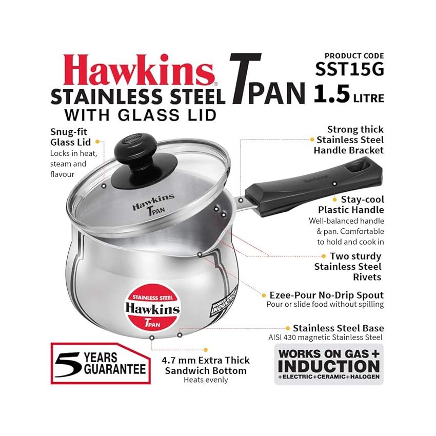 Hawkins Stainless Steel Tpan 1.5L with Glass lid