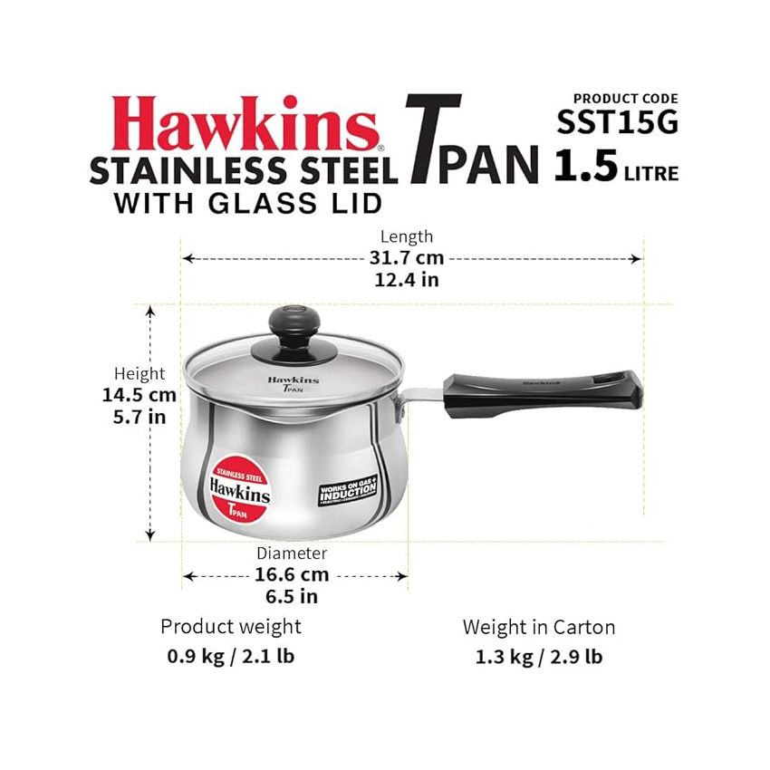Hawkins Stainless Steel Tpan 1.5L with Glass lid