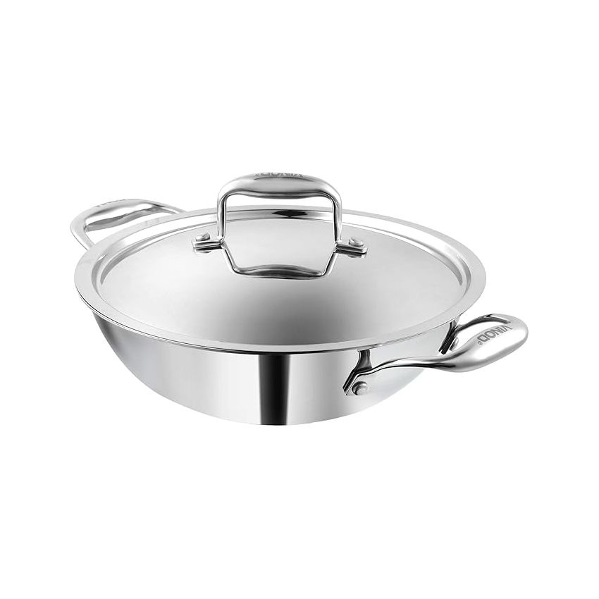 Vinod Platinum Triply Stainless Steel Kadai with Lid (22cm, 1.8L) | 2.5 mm Thick | Triply Kadai with Heavy Bottom | Induction Friendly Triply Stainless Steel Cookware Kadhai | 5 Year Warranty
