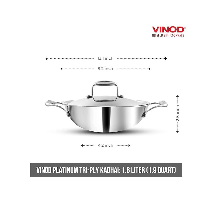Vinod Platinum Triply Stainless Steel Kadai with Lid (22cm, 1.8L) | 2.5 mm Thick | Triply Kadai with Heavy Bottom | Induction Friendly Triply Stainless Steel Cookware Kadhai | 5 Year Warranty