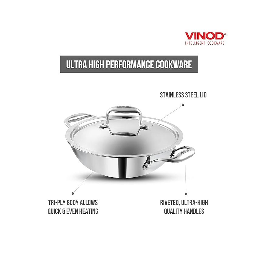 Vinod Platinum Triply Stainless Steel Kadai with Lid (22cm, 1.8L) | 2.5 mm Thick | Triply Kadai with Heavy Bottom | Induction Friendly Triply Stainless Steel Cookware Kadhai | 5 Year Warranty