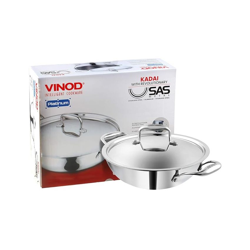 Vinod Platinum Triply Stainless Steel Kadai with Lid (22cm, 1.8L) | 2.5 mm Thick | Triply Kadai with Heavy Bottom | Induction Friendly Triply Stainless Steel Cookware Kadhai | 5 Year Warranty