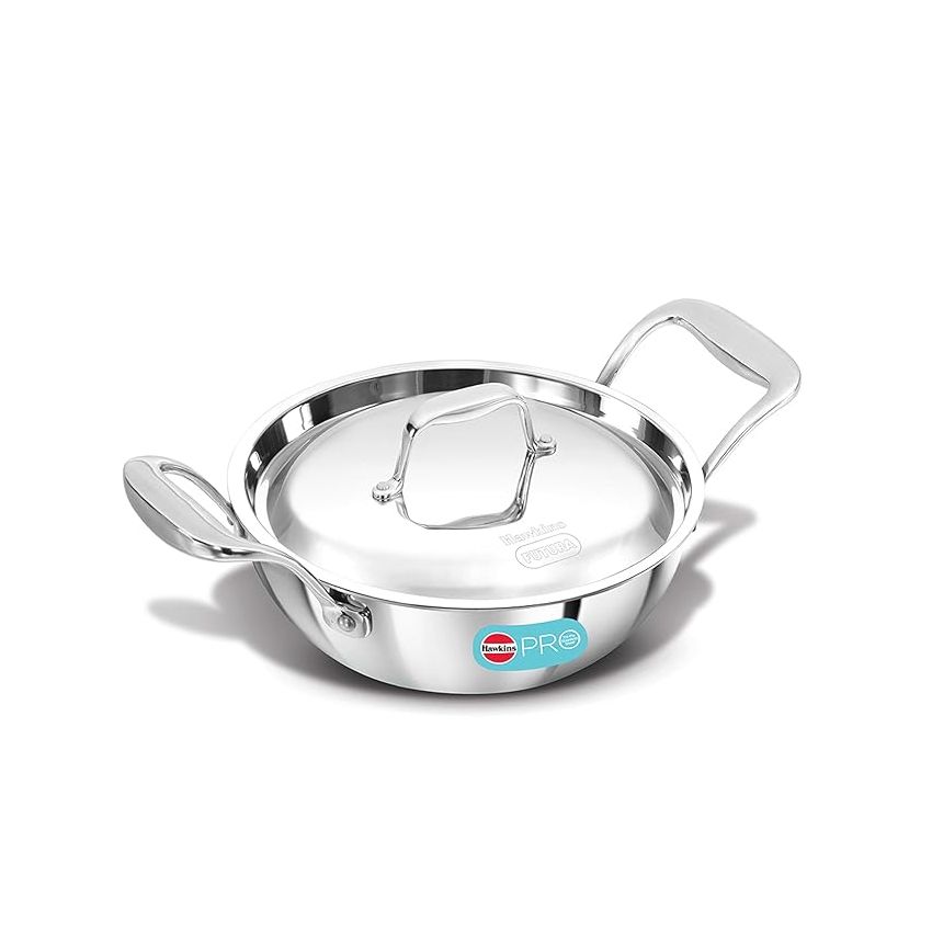Hawkins Pro 1.5 Litre Deep-Fry Pan, Triply Stainless Steel Kadhai with Steel Handles and Steel Lid, Small Kadhai, Silver (PSK15S)W
