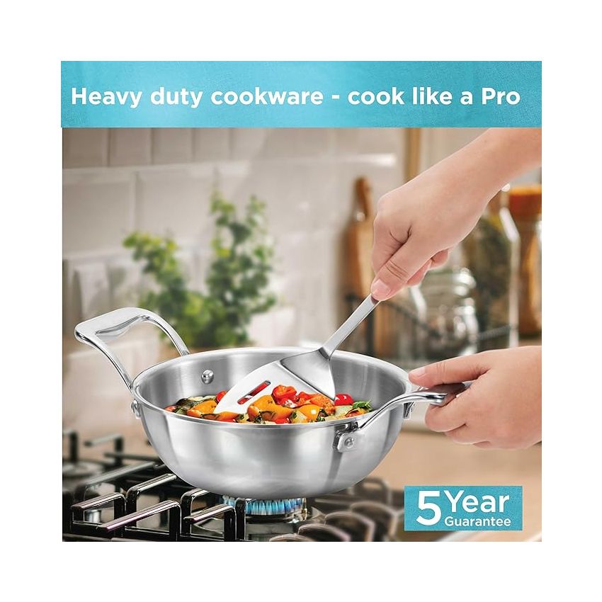 Hawkins Pro 1.5 Litre Deep-Fry Pan, Triply Stainless Steel Kadhai with Steel Handles and Steel Lid, Small Kadhai, Silver (PSK15S)W