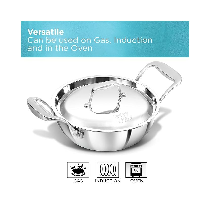 Hawkins Pro 1.5 Litre Deep-Fry Pan, Triply Stainless Steel Kadhai with Steel Handles and Steel Lid, Small Kadhai, Silver (PSK15S)W