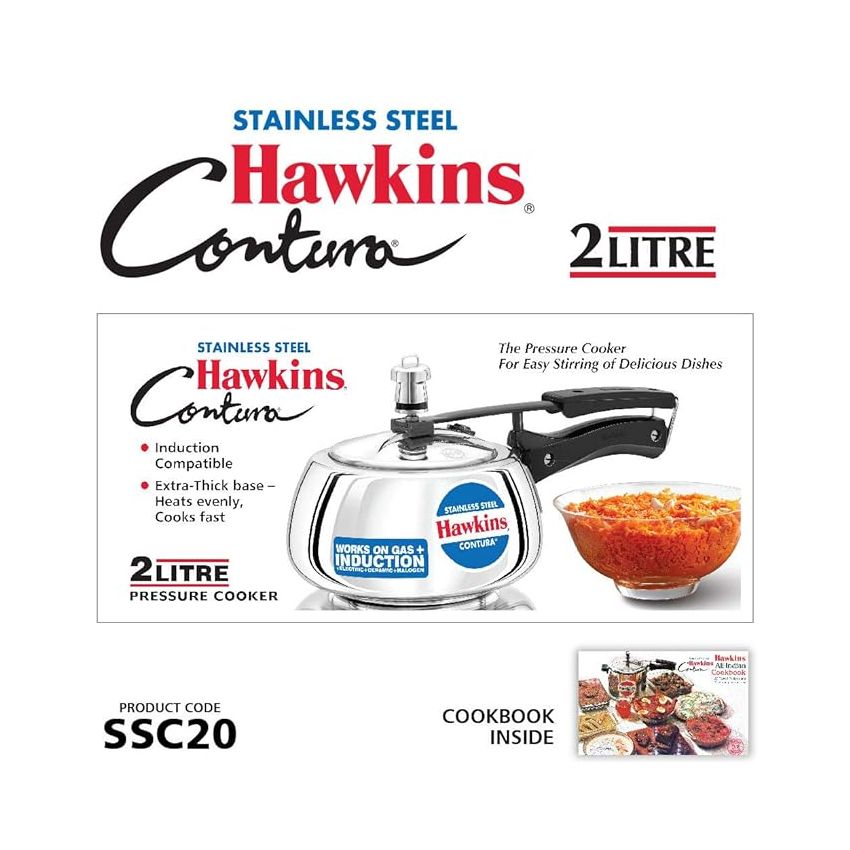 Hawkins 2 Litre Contura Pressure Cooker, Stainless Steel Inner Lid Cooker, Handi Cooker, Induction Cooker, Small Cooker, Silver (SSC20)