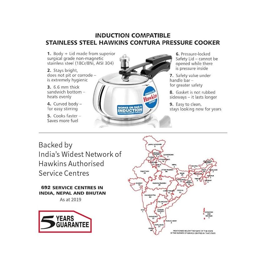 Hawkins 2 Litre Contura Pressure Cooker, Stainless Steel Inner Lid Cooker, Handi Cooker, Induction Cooker, Small Cooker, Silver (SSC20)