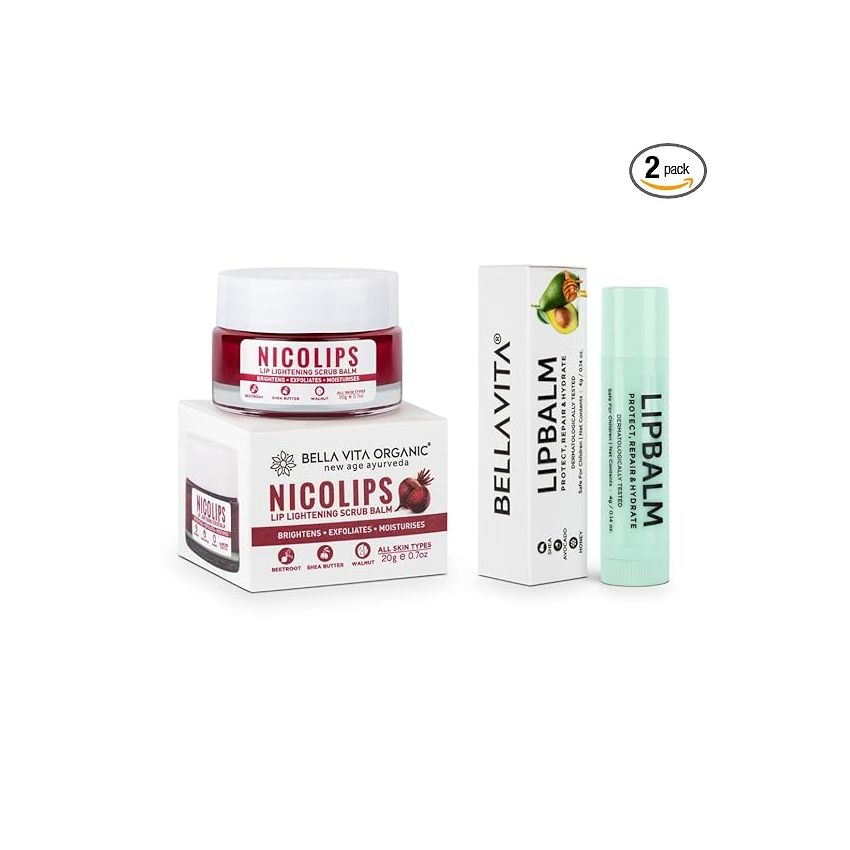 Bella Vita Organic NicoLips Lip Scrub & NicoBalm Lip Balm Combo For Dry, Chapped & Dark Lips Remover Treatment, 20 g, 4 g